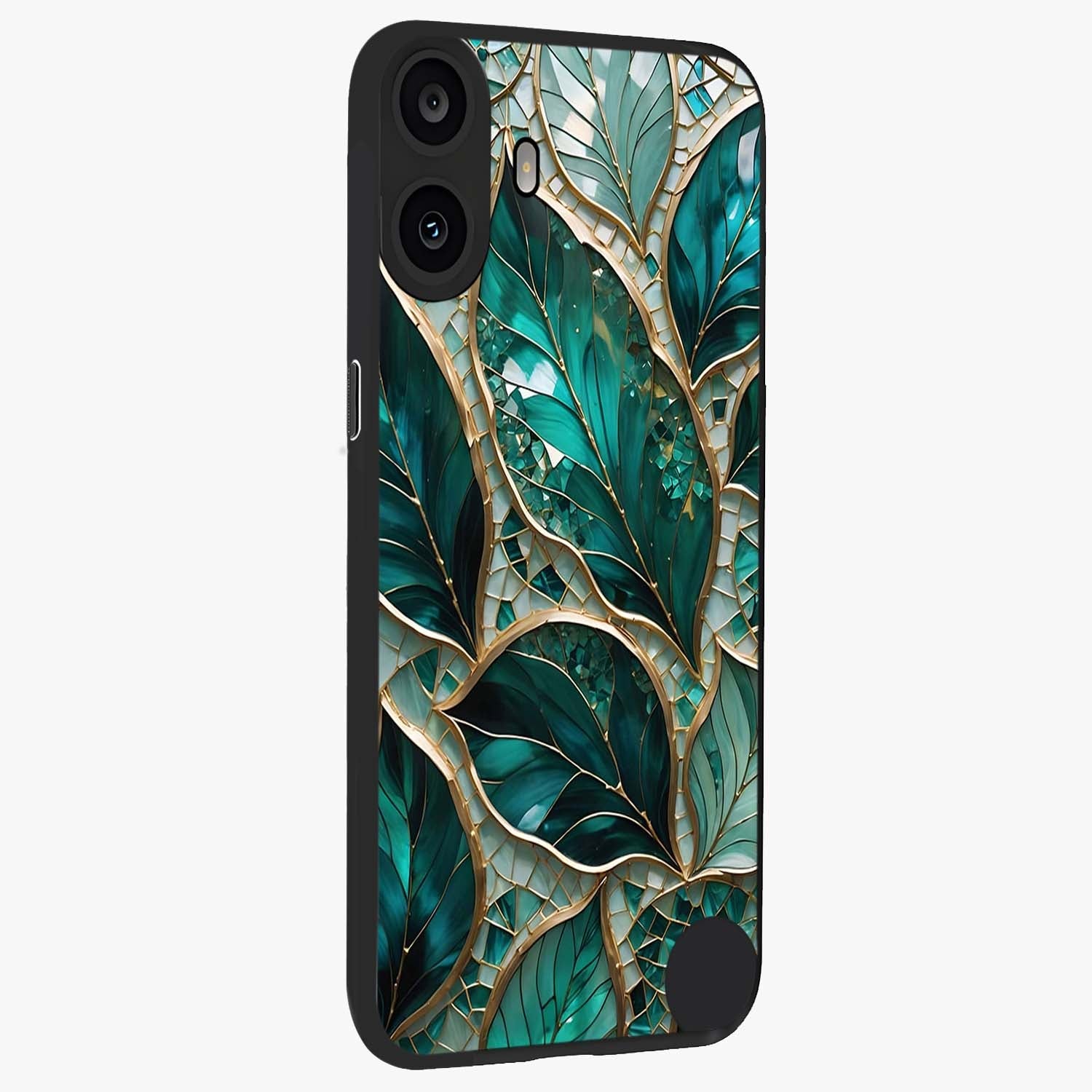 Emerald Leaf Glass Glass Case upright view showcasing fresh green leaf artwork with calming nature inspired style.