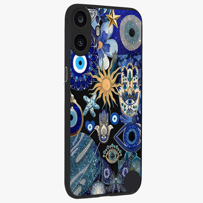 Evil Eye Charm Mix Glass Case upright view showcasing mystical evil eye pattern with vibrant decorative style.