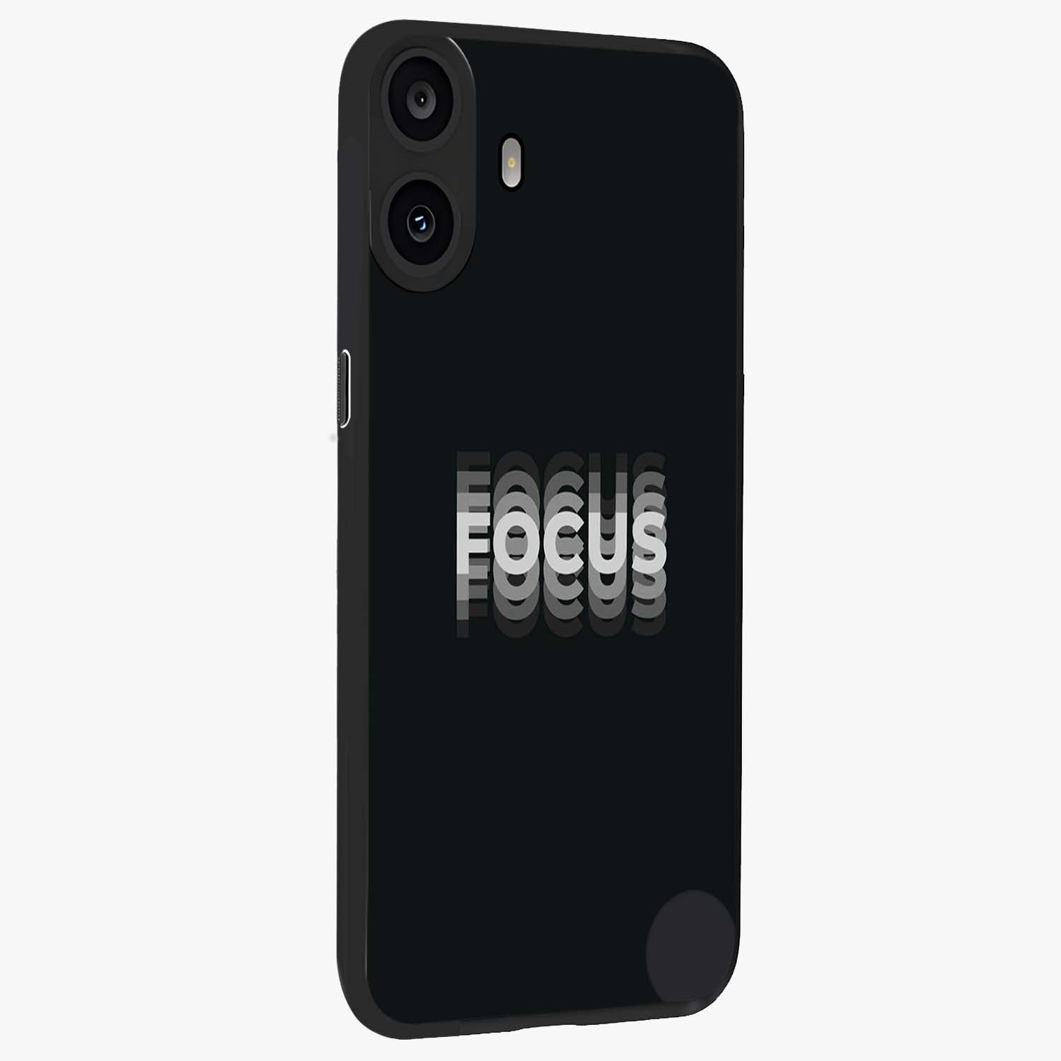 Focus Mode On Glass Case upright view showcasing strong typography statement with sleek motivational theme.