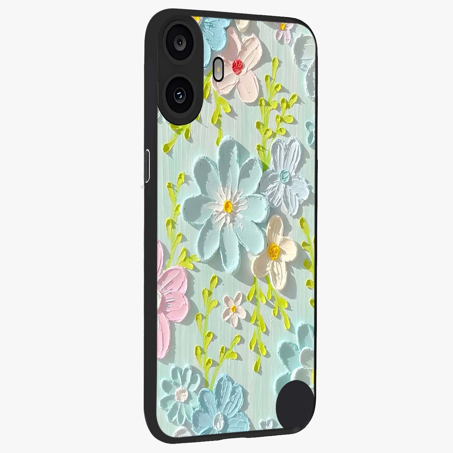 Frosted Petal Garden Glass Case upright view showcasing elegant floral garden artwork with soothing pastel theme.