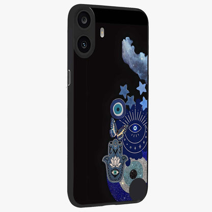 Galactic Charm Cluster Glass Case upright view showcasing glowing cosmic charm artwork with magical celestial style.