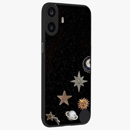 Galactic Charm Glow Glass Case upright view showcasing glowing cosmic charm artwork with magical celestial style.