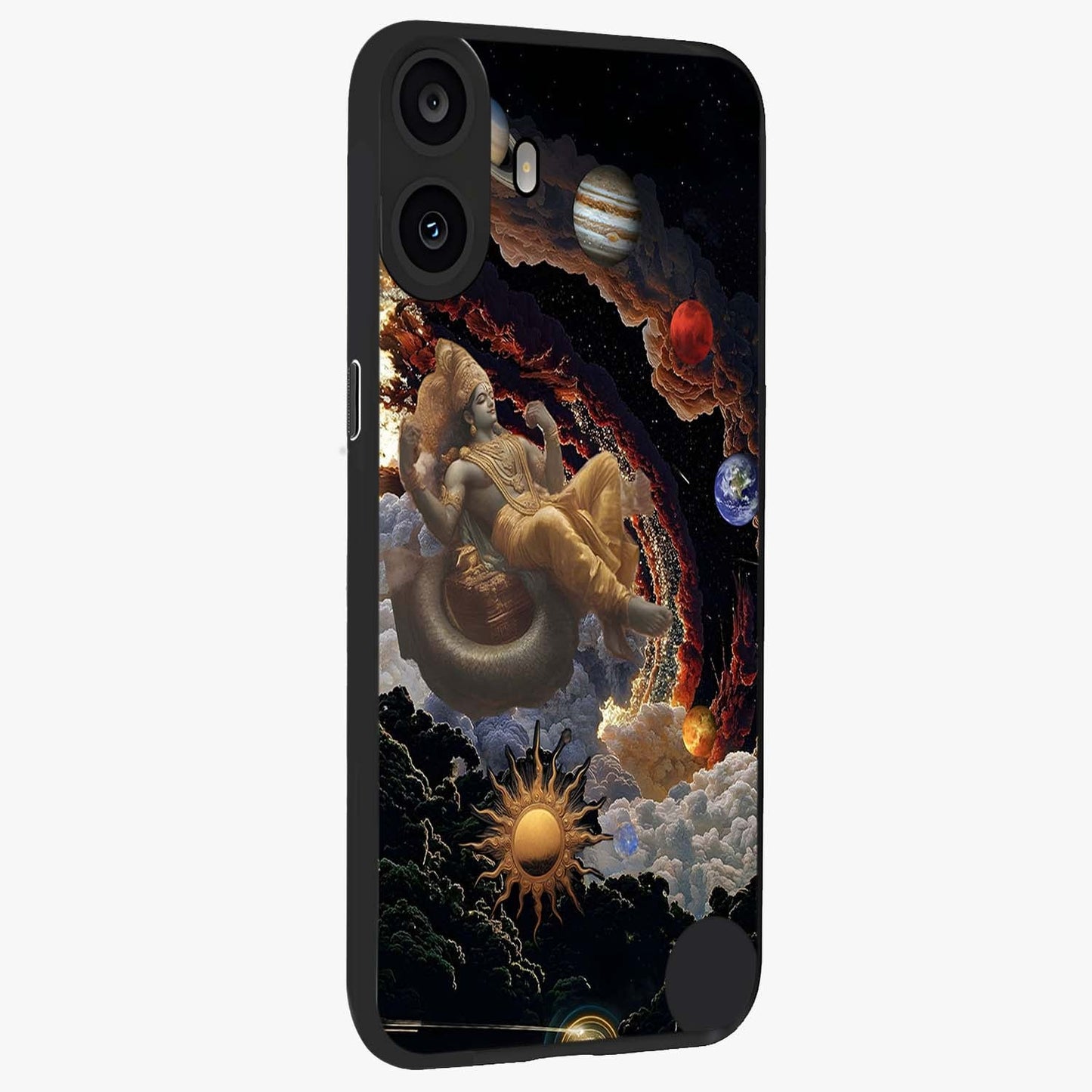 Galactic Divine God Glass Case upright view showcasing mystical divine artwork with dramatic cosmic theme.