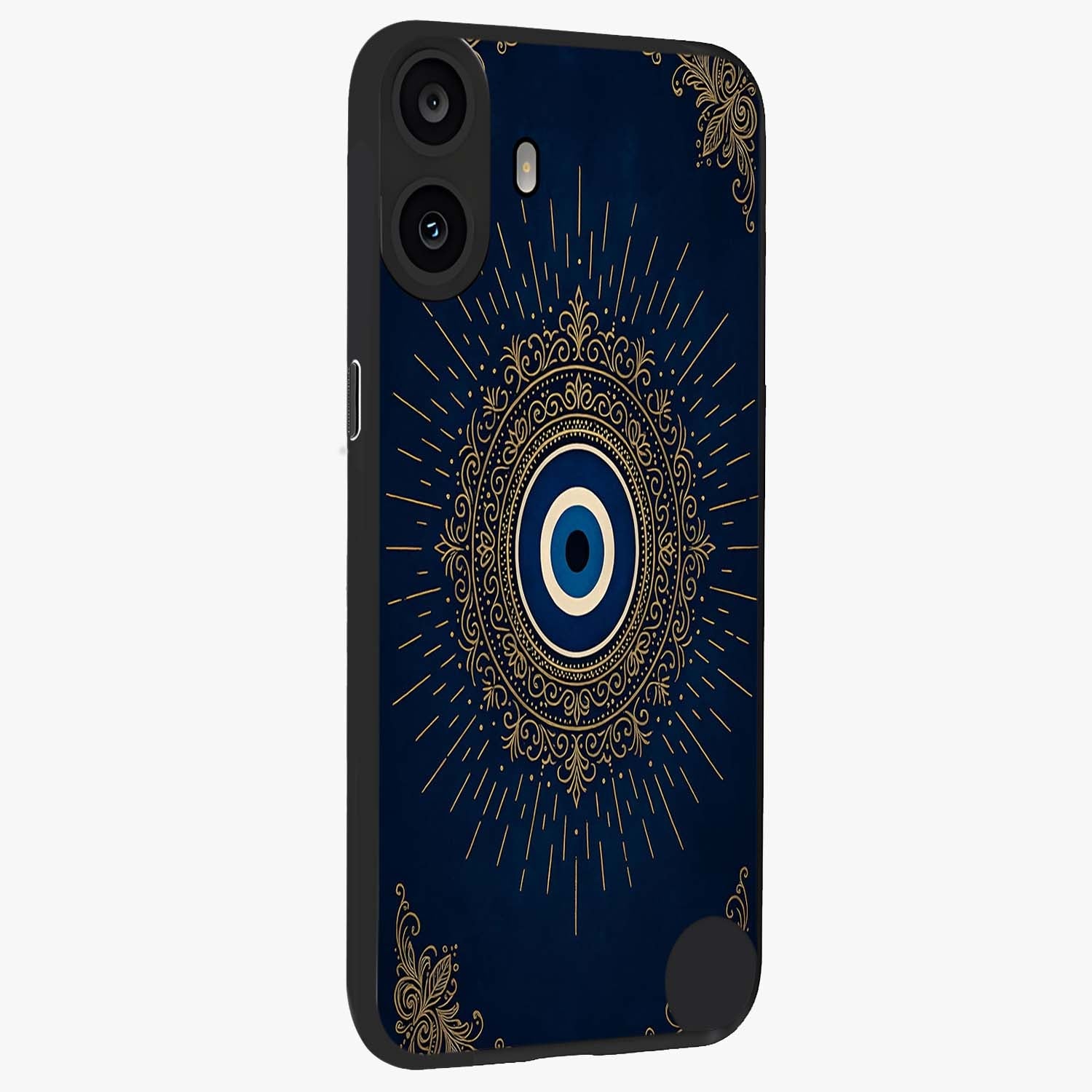 Golden Celestial Charm Glass Case upright view showcasing radiant celestial artwork with elegant golden theme.