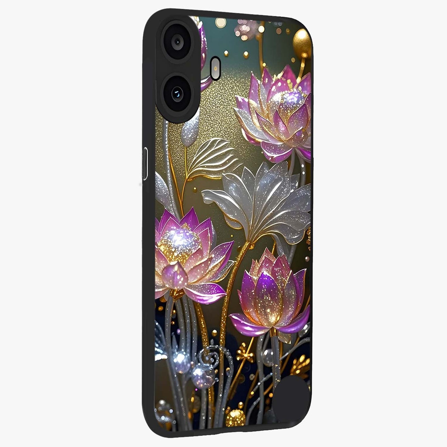 Golden Floral Majesty Glass Case upright view showcasing majestic floral artwork with rich decorative theme.