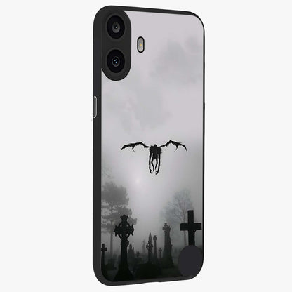 Graveyard Shadow Descent Glass Case upright view showcasing haunting graveyard artwork with dramatic dark theme.