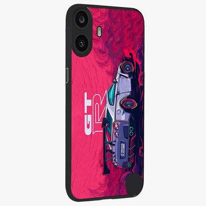 GT-R Car Pattern Glass Case upright view showcasing dynamic car pattern artwork with modern sports theme.