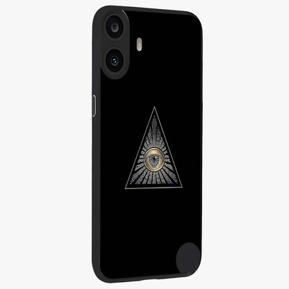 Illuminati Evil Glass Case upright view showcasing striking illuminati artwork with mysterious symbolic theme.