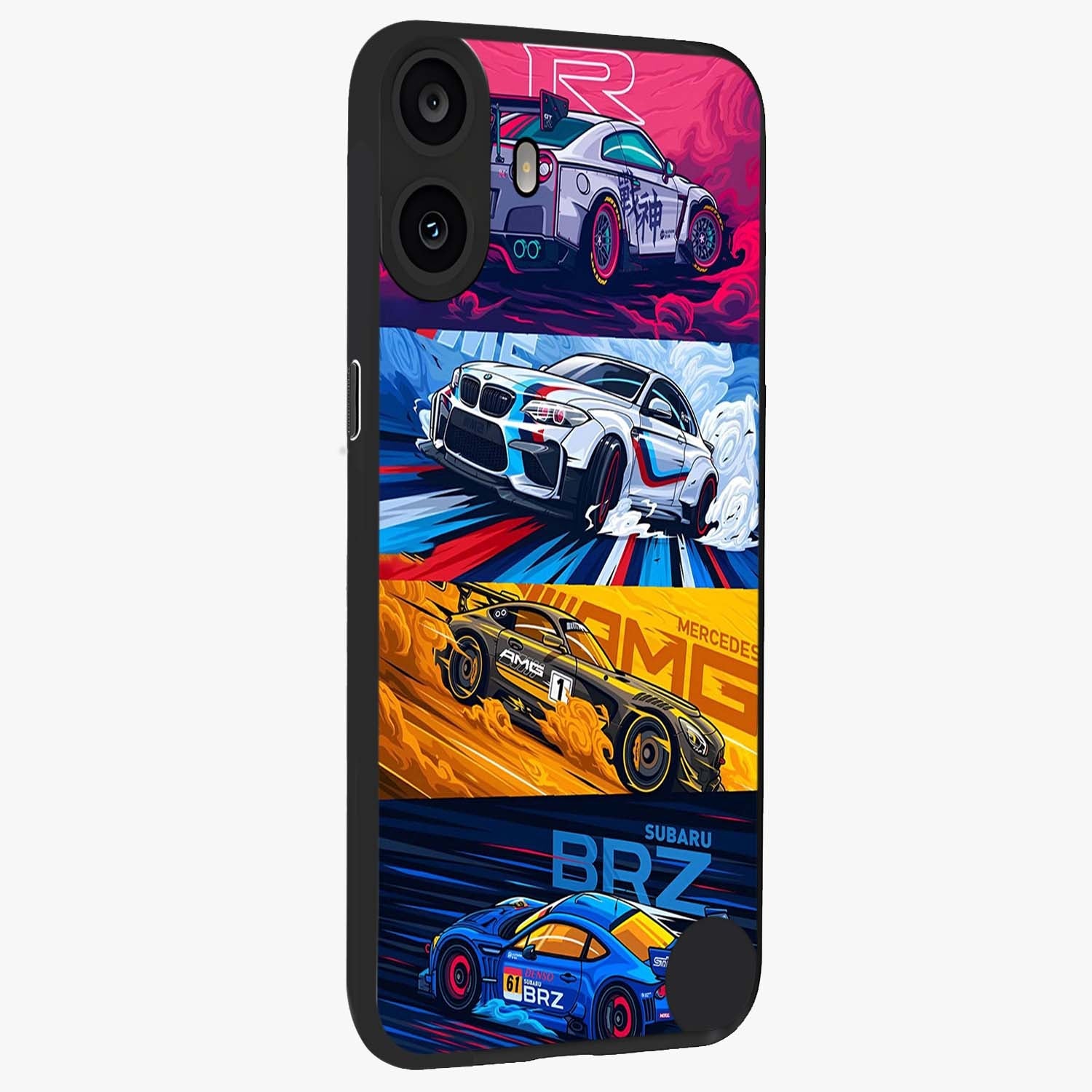 JDM Sports Car Glass Case upright view showcasing dynamic sports car artwork with bold racing theme.