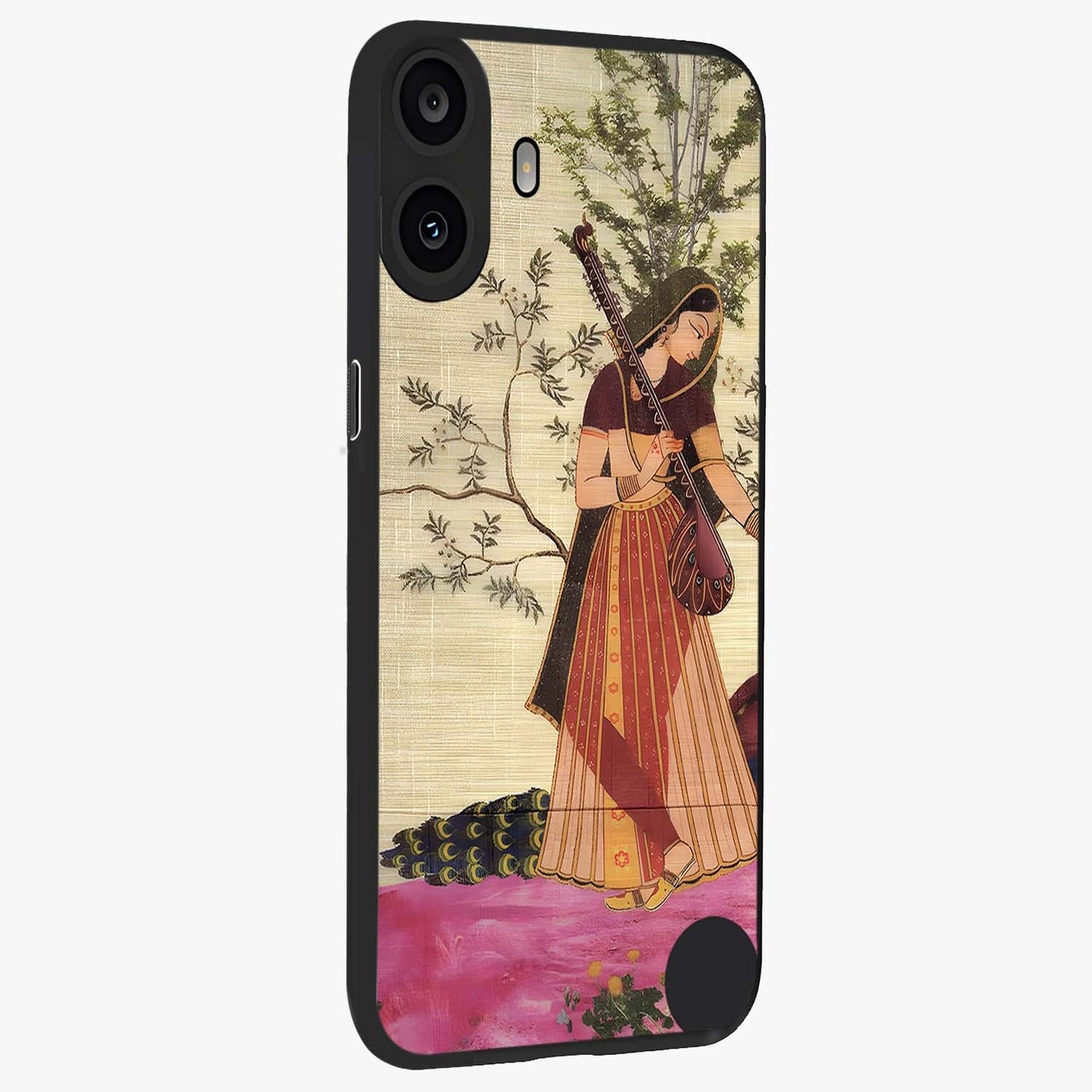 Lady With Veena Art Glass Case upright view showcasing classical veena artwork with traditional artistic theme.