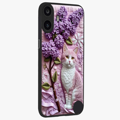 Lavender Cat Whimsy Glass Case upright view showcasing charming cat artwork with whimsical lavender theme.