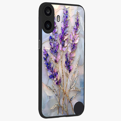 Lavender Dream Glow Glass Case upright view showcasing radiant lavender glow artwork with calming dreamy theme.