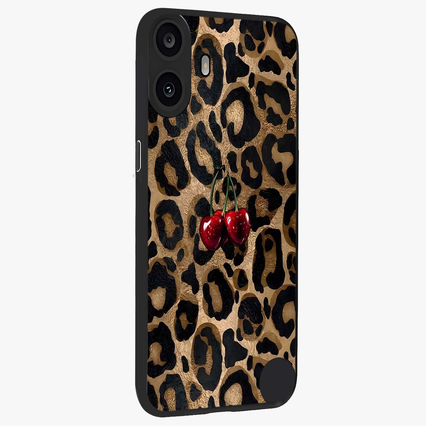 Leopard Wild Cherry Glass Case upright view showcasing stylish leopard pattern artwork with trendy fashion theme.