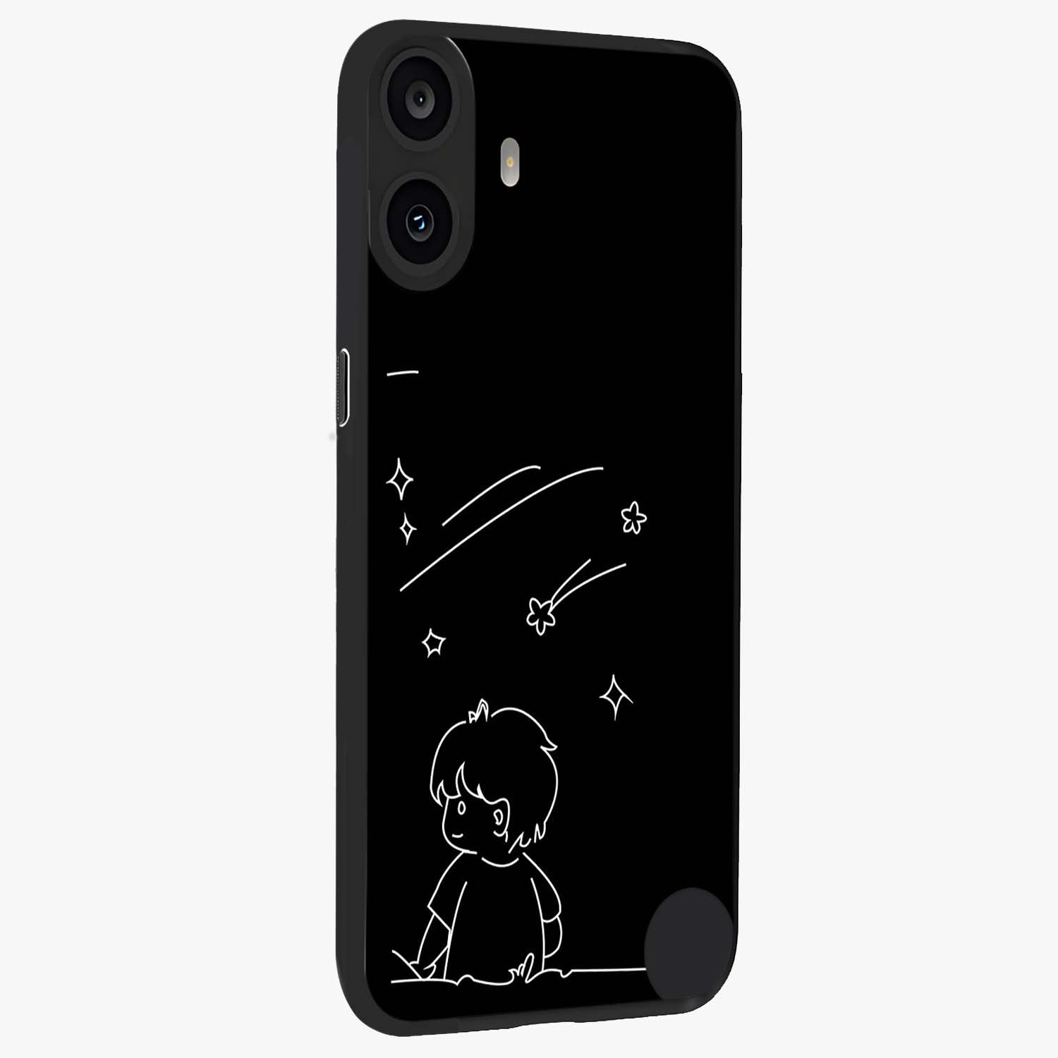 Line Art Boy With Shooting Stars Glass Case upright view showcasing artistic shooting star illustration with minimal style.