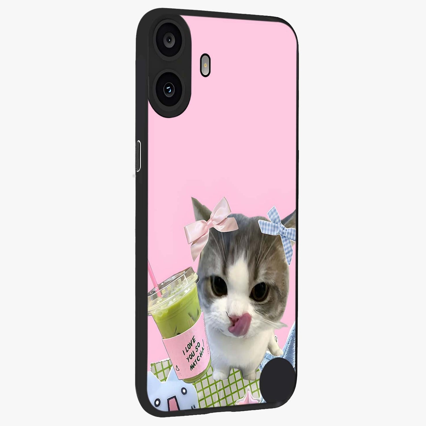 Love Matcha Cat Glass Case upright view showcasing adorable cat artwork with charming matcha themed design.