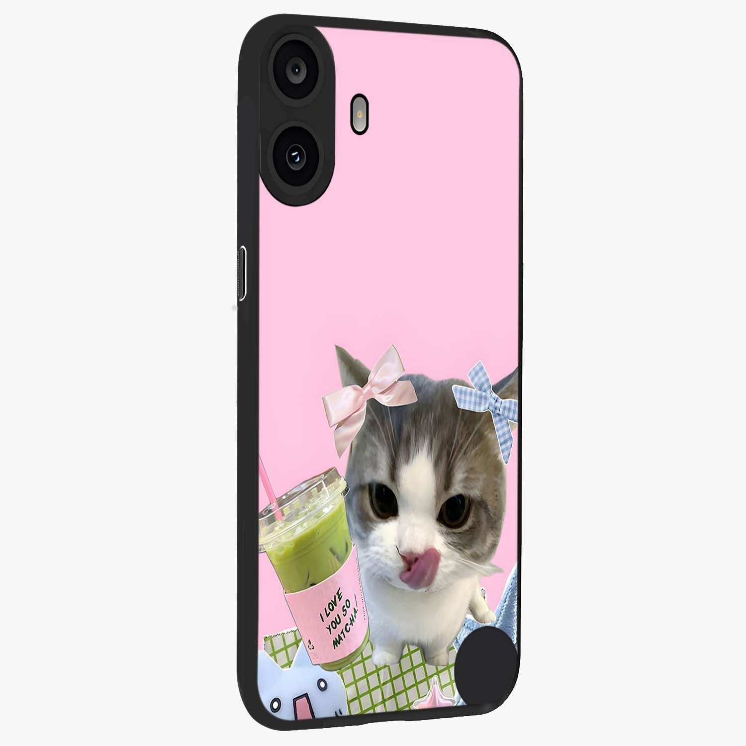 Love Matcha Cat Glass Case upright view showcasing adorable cat artwork with charming matcha themed design.