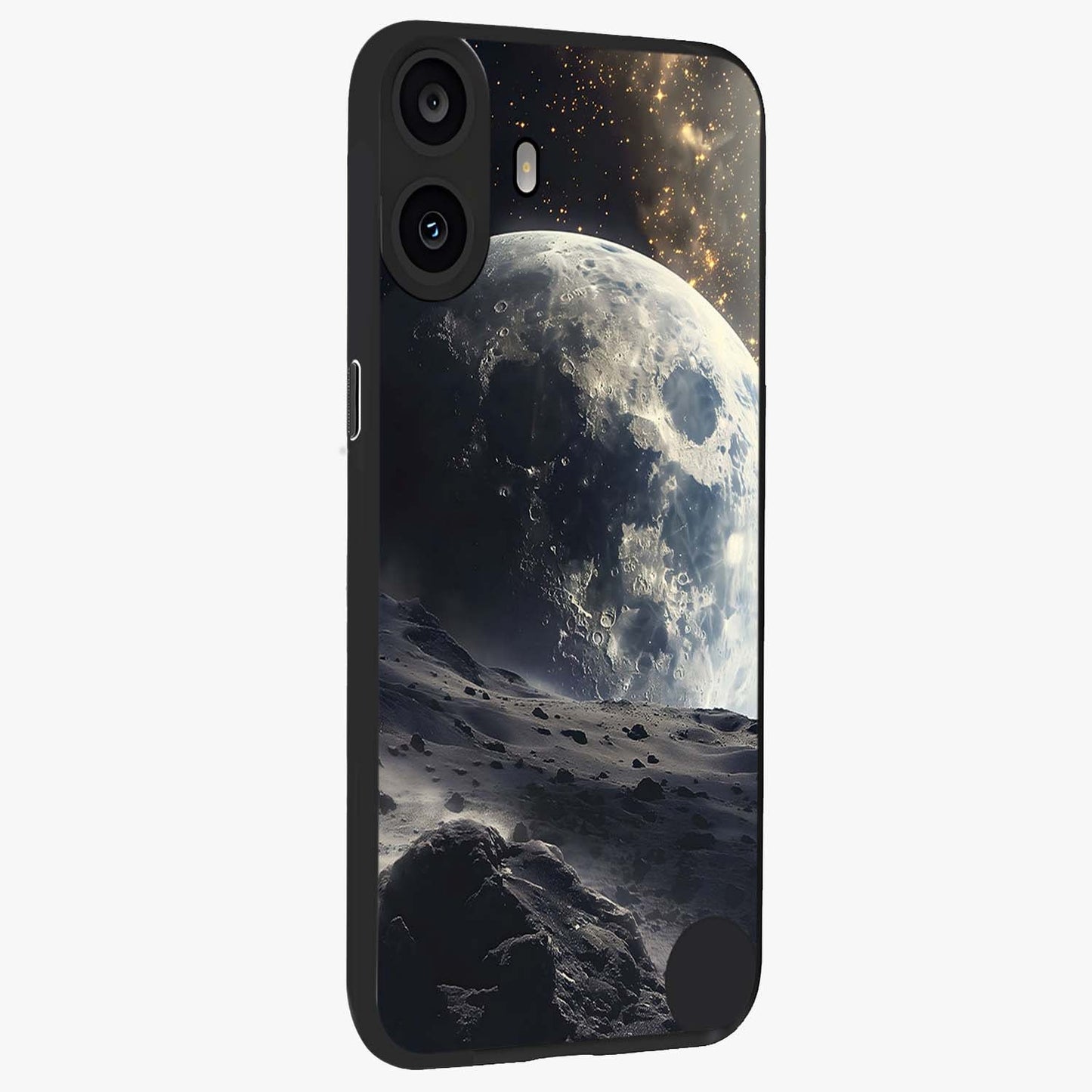 Lunar Horizon Glow Glass Case upright view showcasing radiant lunar artwork with calm cosmic theme.