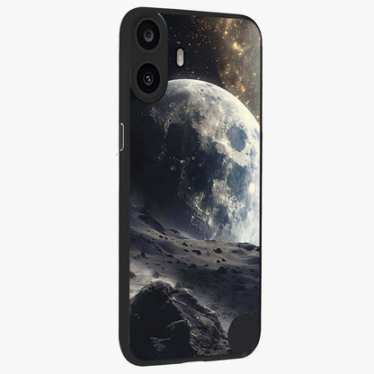 Lunar Horizon Glow Glass Case upright view showcasing radiant lunar artwork with calm cosmic theme.