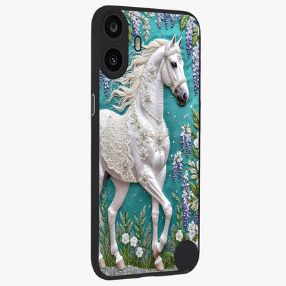Majestic Floral Stallion Glass Case upright view showcasing dramatic horse artwork with decorative floral theme.