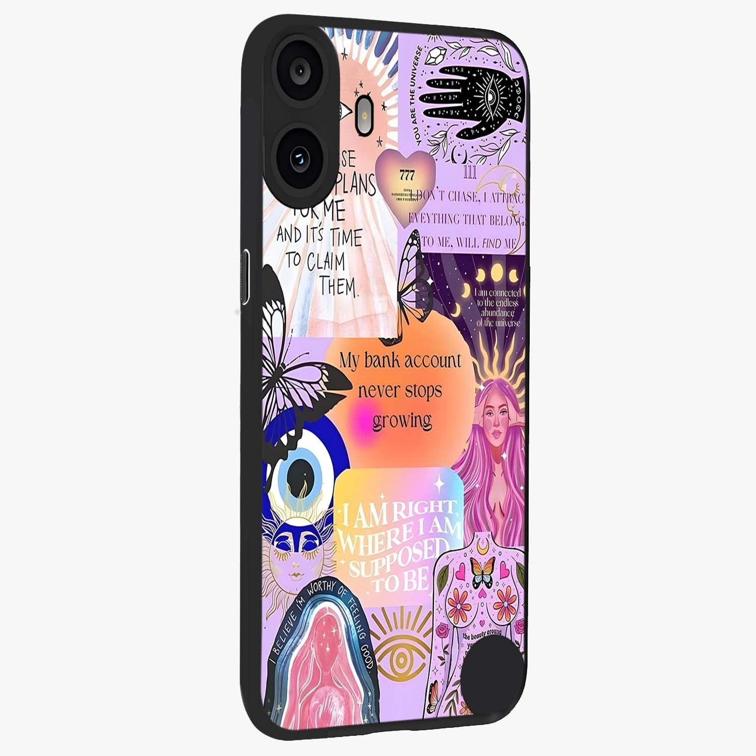 Manifestation Collage Glass Case upright view showcasing artistic manifestation themed artwork with creative style.