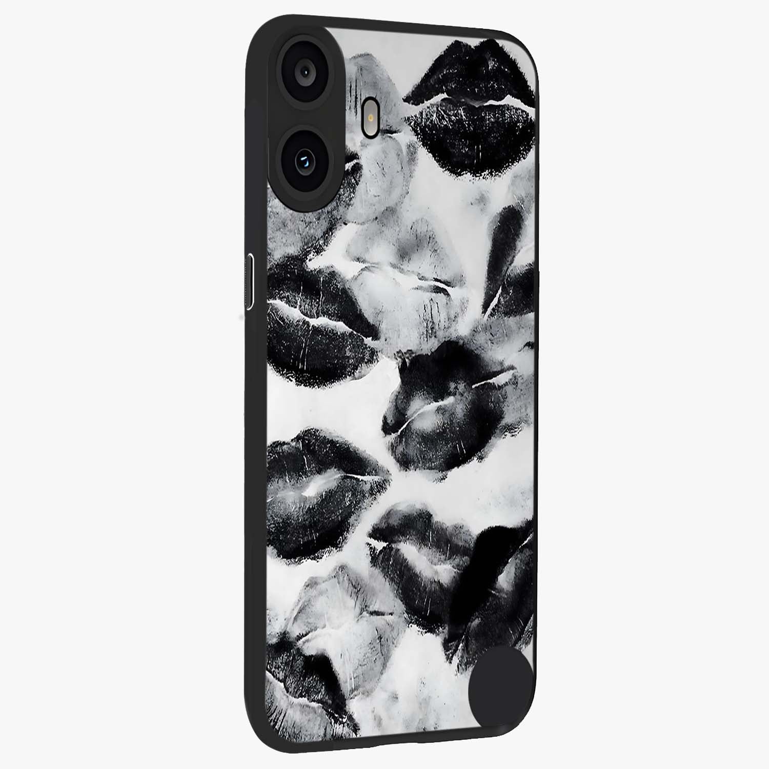 Midnight Kiss Marks Glass Case upright view showcasing stylish kiss mark artwork with trendy romantic theme.