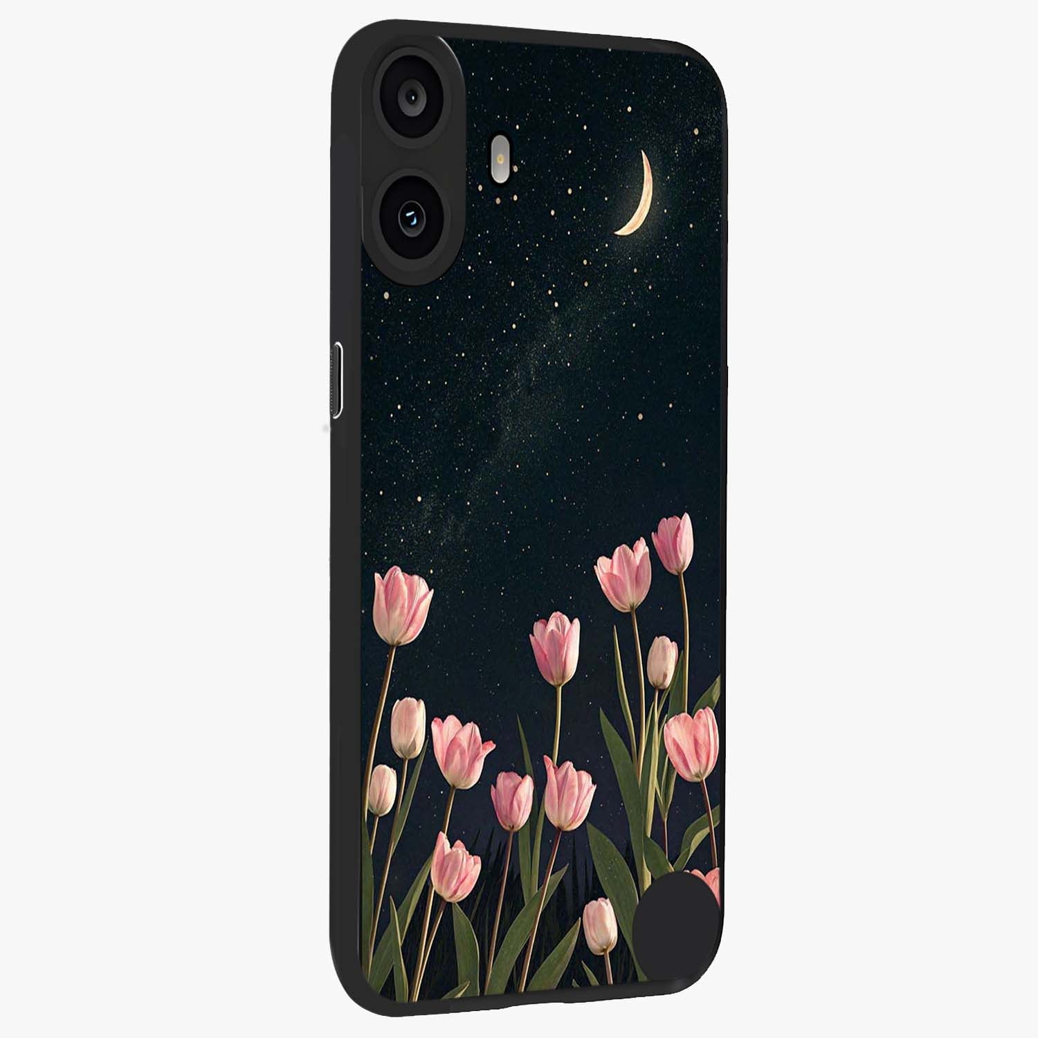 Midnight Tulip Whispers Vibe Glass Case upright view showcasing graceful tulip artwork with calm botanical theme.