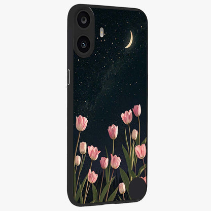 Midnight Tulip Whispers Vibe Glass Case upright view showcasing graceful tulip artwork with calm botanical theme.