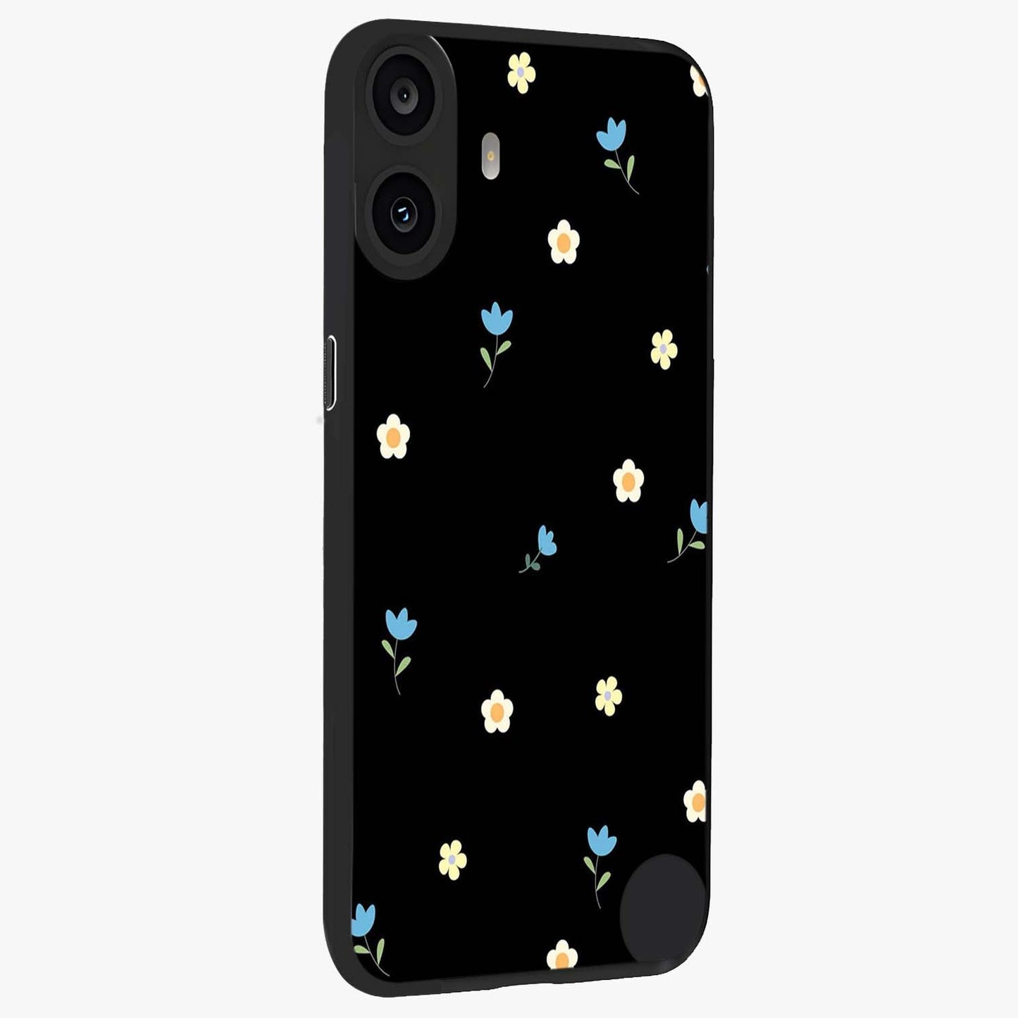 Minimal Petal Whispers Glass Case upright view showcasing elegant floral artwork with modern minimalist style.