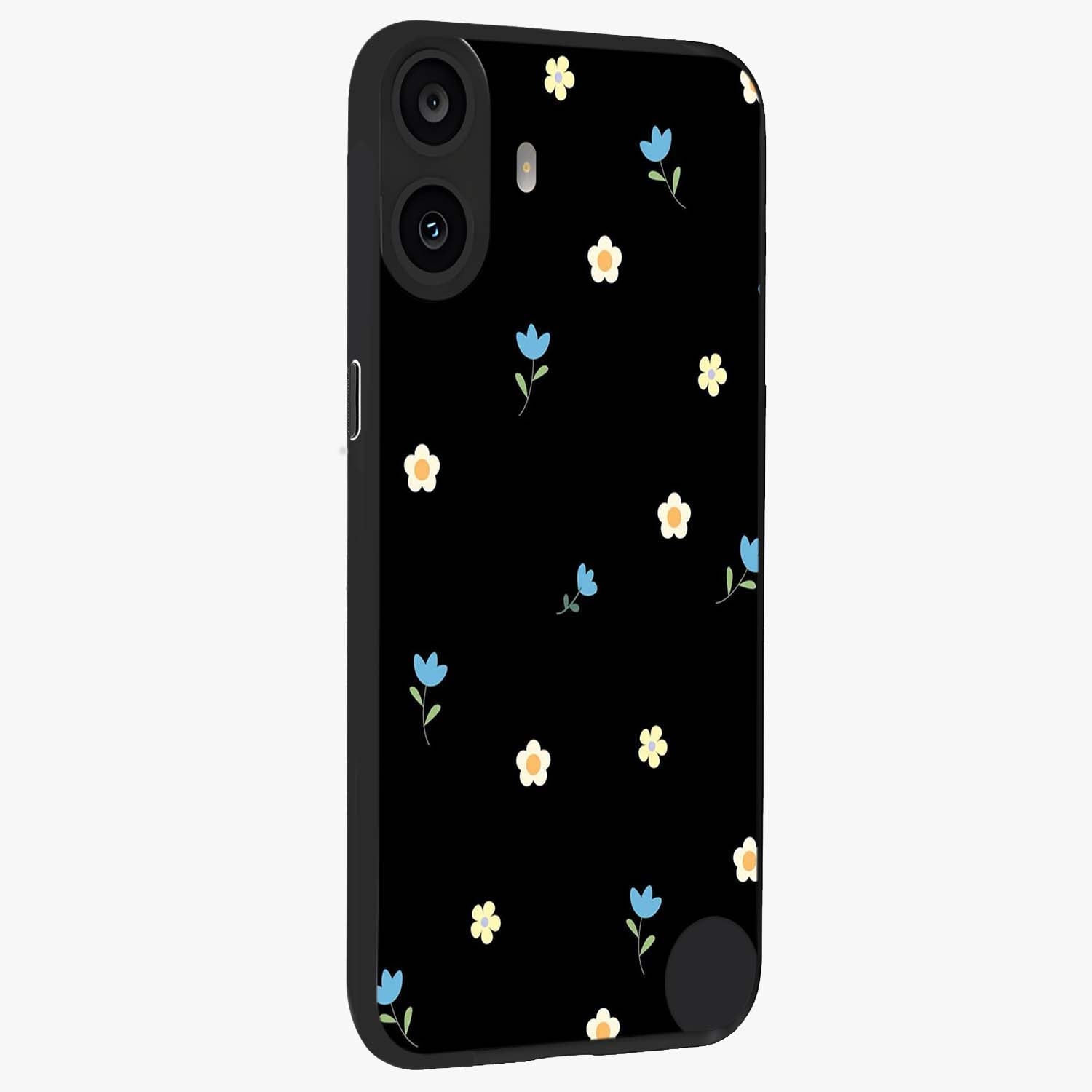 Minimal Petal Whispers Glass Case upright view showcasing elegant floral artwork with modern minimalist style.