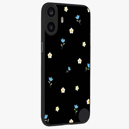 Minimal Petal Whispers Glass Case upright view showcasing elegant floral artwork with modern minimalist style.