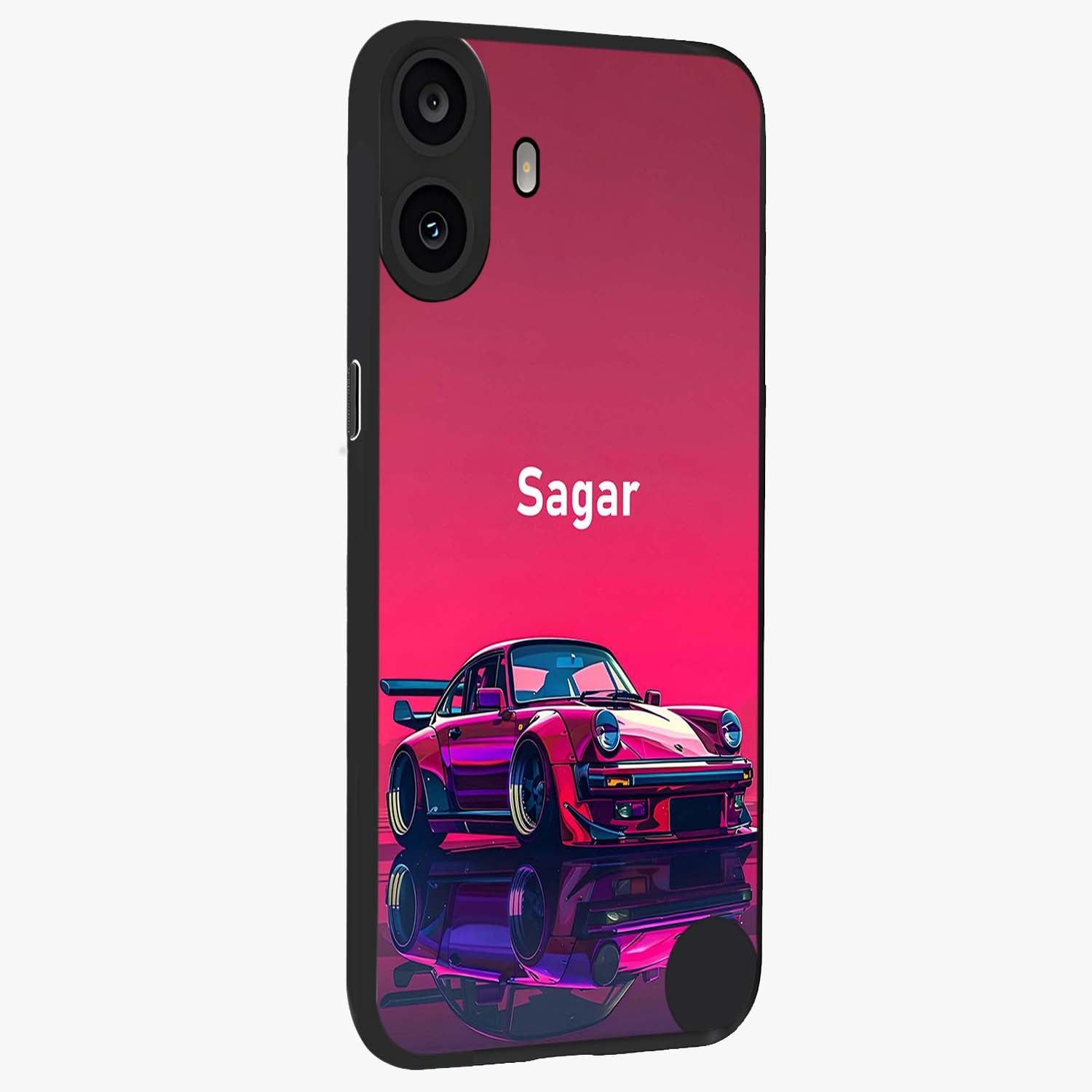 Neon Pink Porsche Glass Case upright view showcasing vibrant sports car artwork with bold automotive theme.