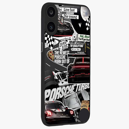 Porsche Racing Collage Glass Case upright view showcasing energetic car collage artwork with high speed racing theme.