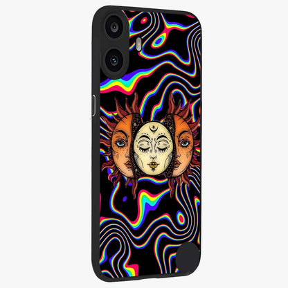 Psychedelic Sun Glass Case upright view showcasing trippy sun artwork with bold psychedelic theme.