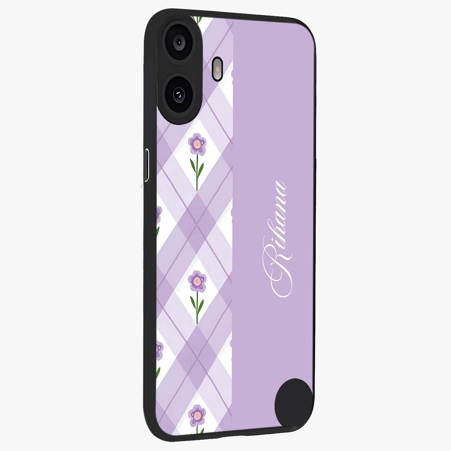 Purple Diamond Floral Glass Case upright view showcasing vibrant floral artwork with stylish geometric theme.