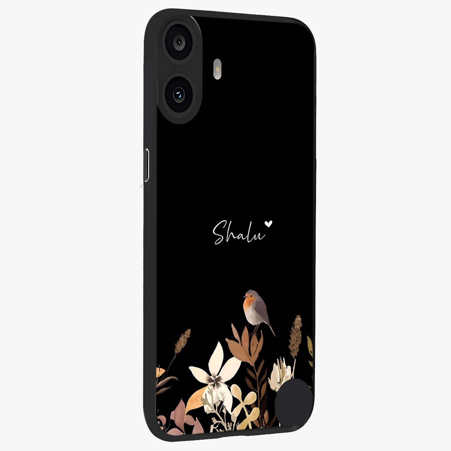 Quiet Garden Tune Custom Name Glass Case upright view showcasing serene botanical artwork with personalized aesthetic.