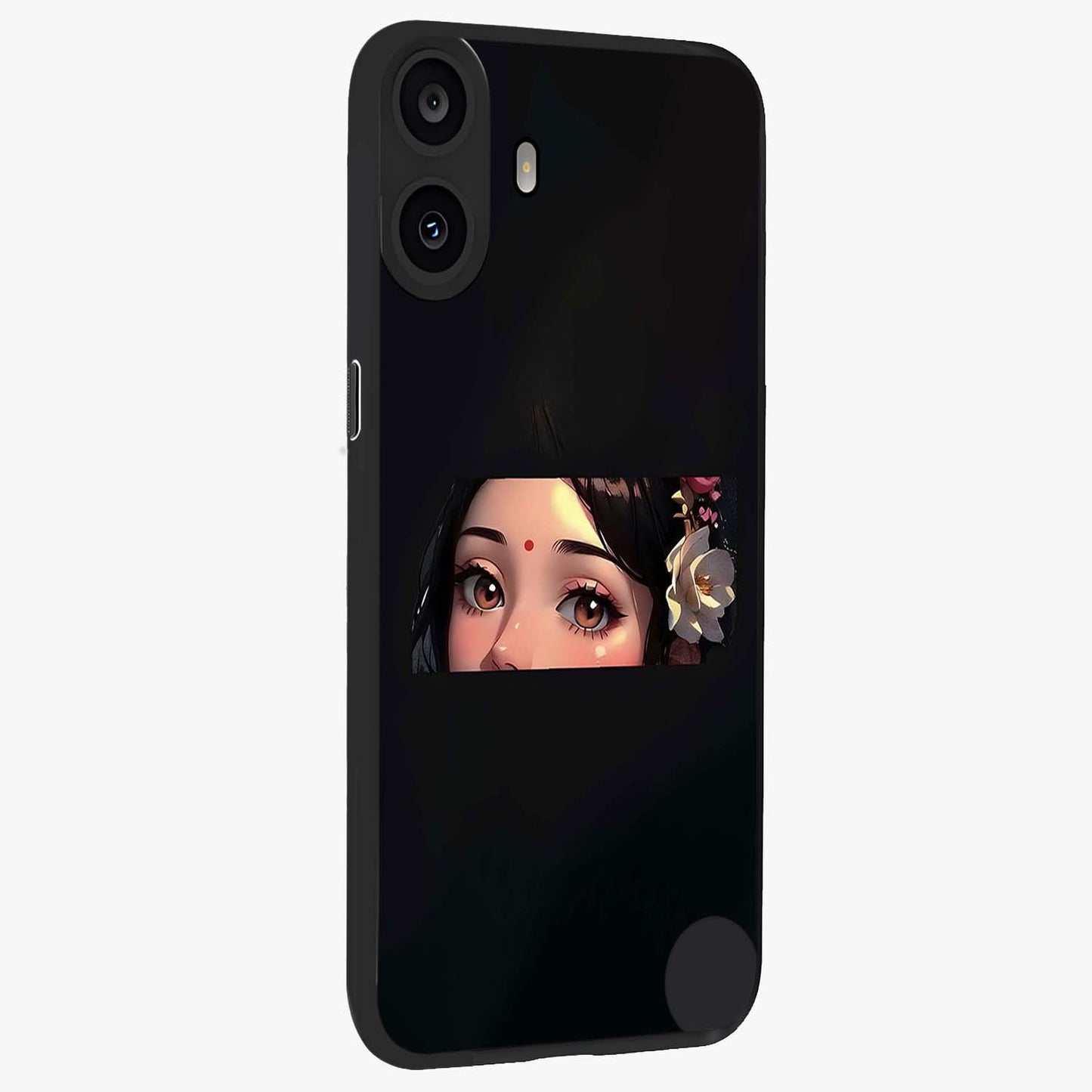 Radha Divine Embrace Glass Case upright view showcasing sacred Radha themed artwork with peaceful devotional style.