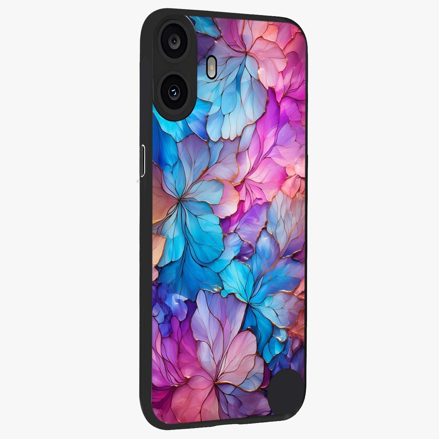 Radiant Floral Whirl Glass Case upright view showcasing lively floral artwork with decorative swirl theme.