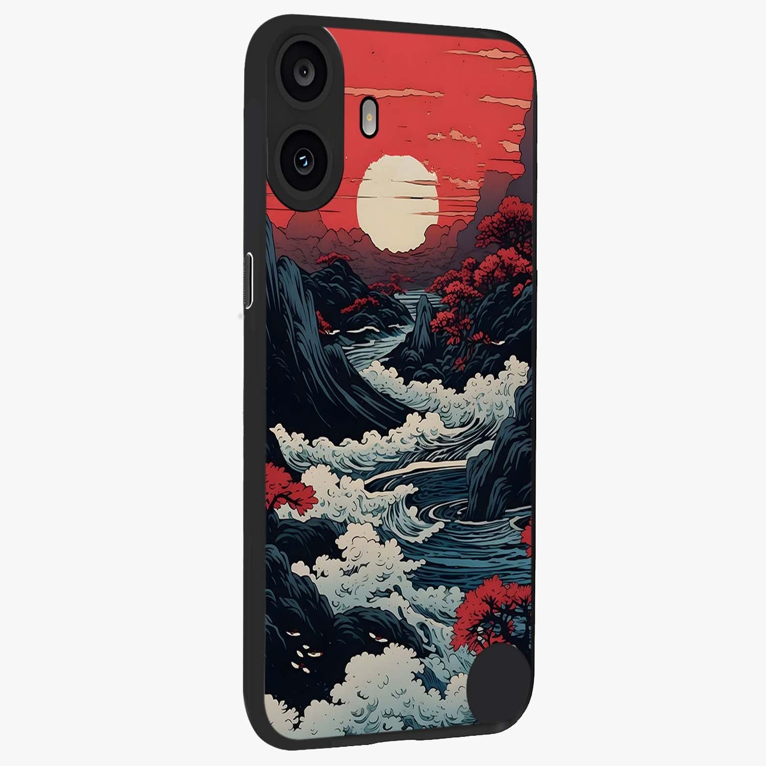 Red Sunset Scenery Glass Case upright view showcasing dramatic sunset scenery artwork with warm nature theme.