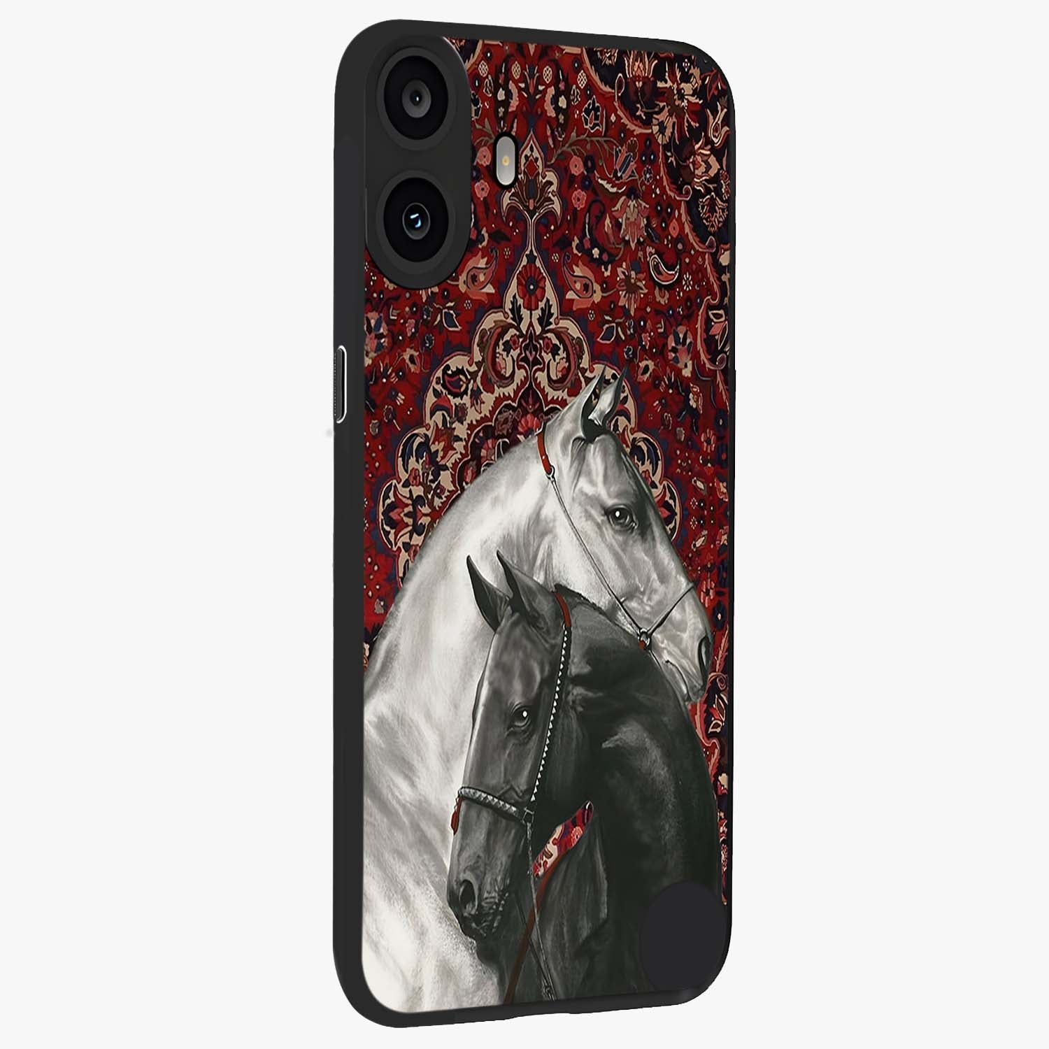 Regal Stallion Tapestry Glass Case upright view showcasing powerful horse artwork with elegant tapestry theme.