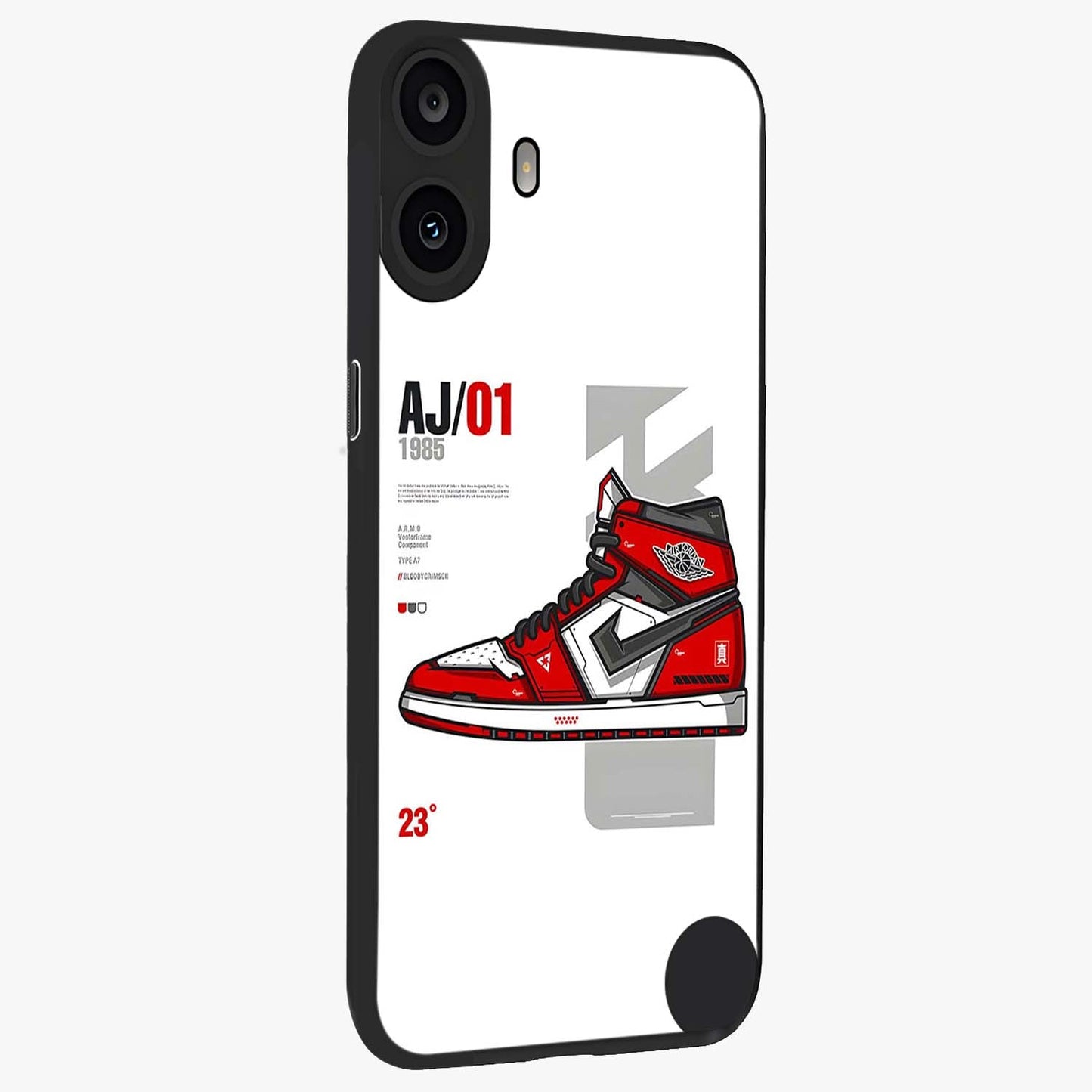 Retro Sneaker Blueprint Glass Case upright view showcasing stylish sneaker illustration with vintage streetwear theme.