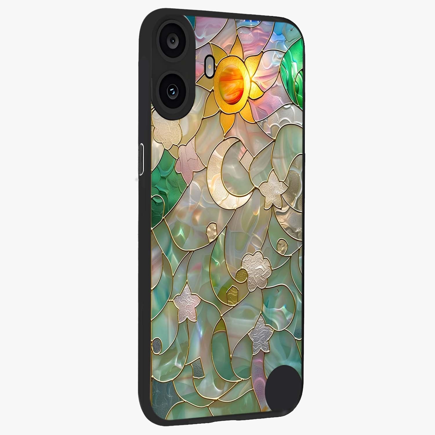 Stained Sunrise Glow Glass Case upright view showcasing colorful sunrise artwork with warm morning theme.