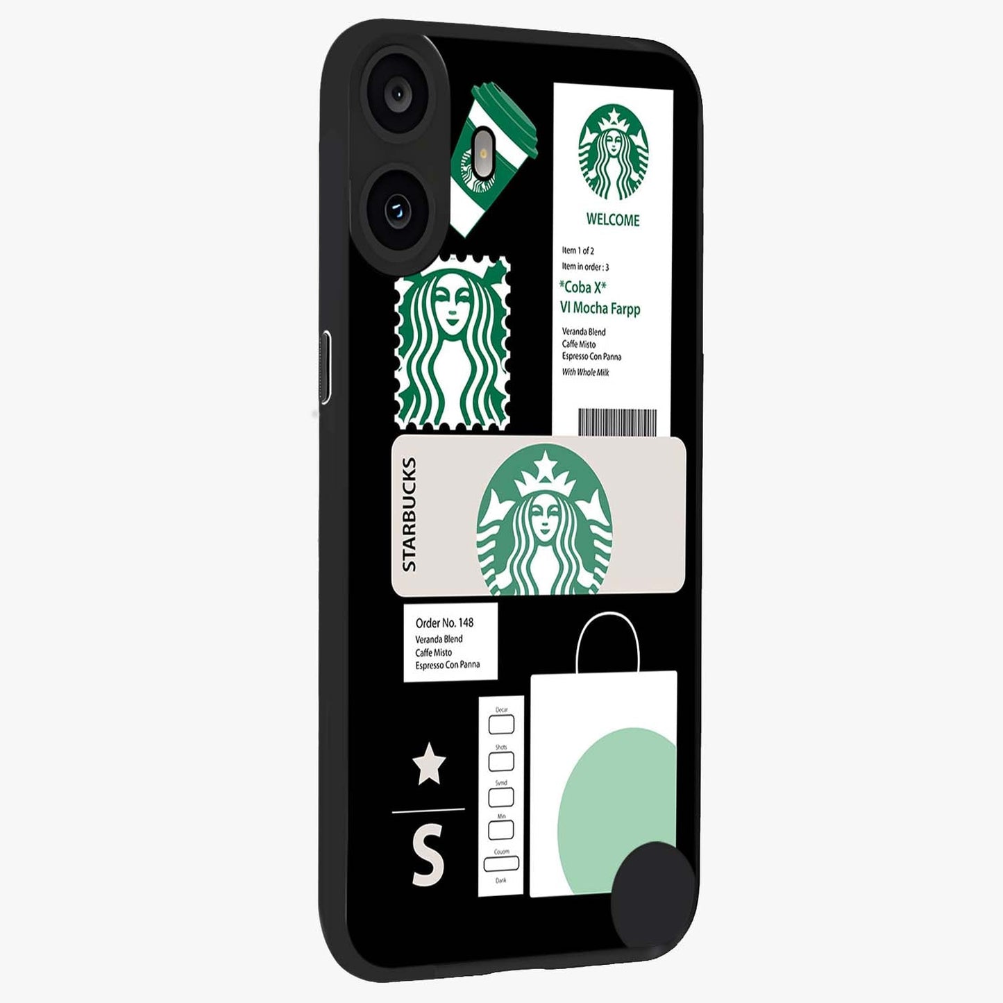Starbucks Mocha Glass Case upright view showcasing trendy coffee inspired artwork with modern lifestyle theme.