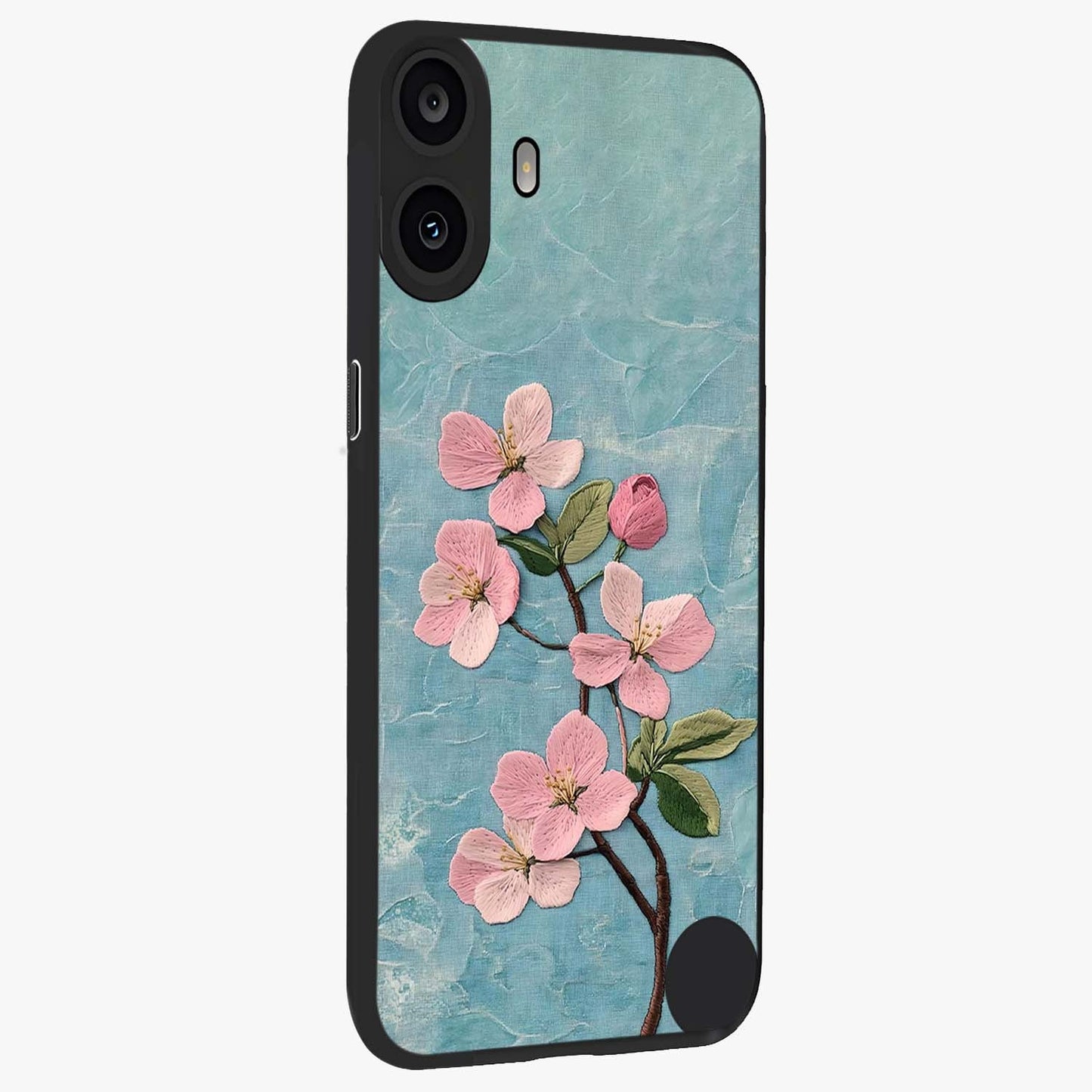 Threaded Blossom Breeze Glass Case upright view showcasing graceful flower artwork with calm botanical theme.