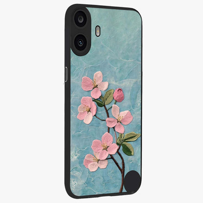 Threaded Blossom Breeze Glass Case upright view showcasing graceful flower artwork with calm botanical theme.
