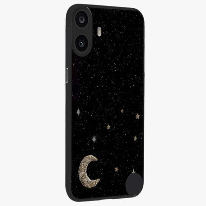 Twinkle Star With Half Moon Glass Case upright view showcasing glowing cosmic artwork with dreamy night theme.
