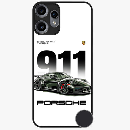 911 Turbo Dominance Glass Case showing clean flat back view with bold 911 sports car artwork and glossy glass finish.