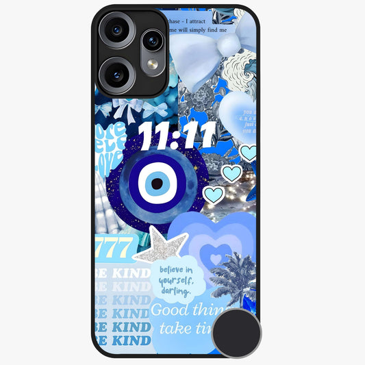 Aesthetic Be Kind Eye Glass Case showing flat back view with motivational eye artwork and glossy glass finish.