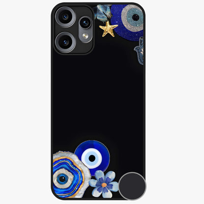 Aesthetic Blue Evil Eye Glass Case showing flat back view with protective evil eye artwork and glossy glass finish.