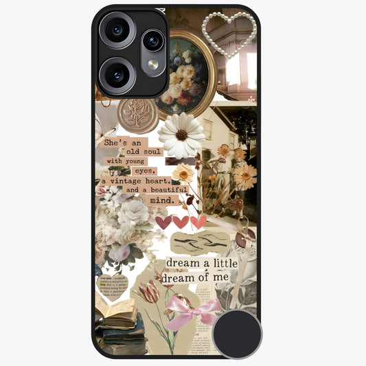 Aesthetic Brown Vintage Collage Glass Case showing flat back view with retro collage artwork and glossy glass finish.