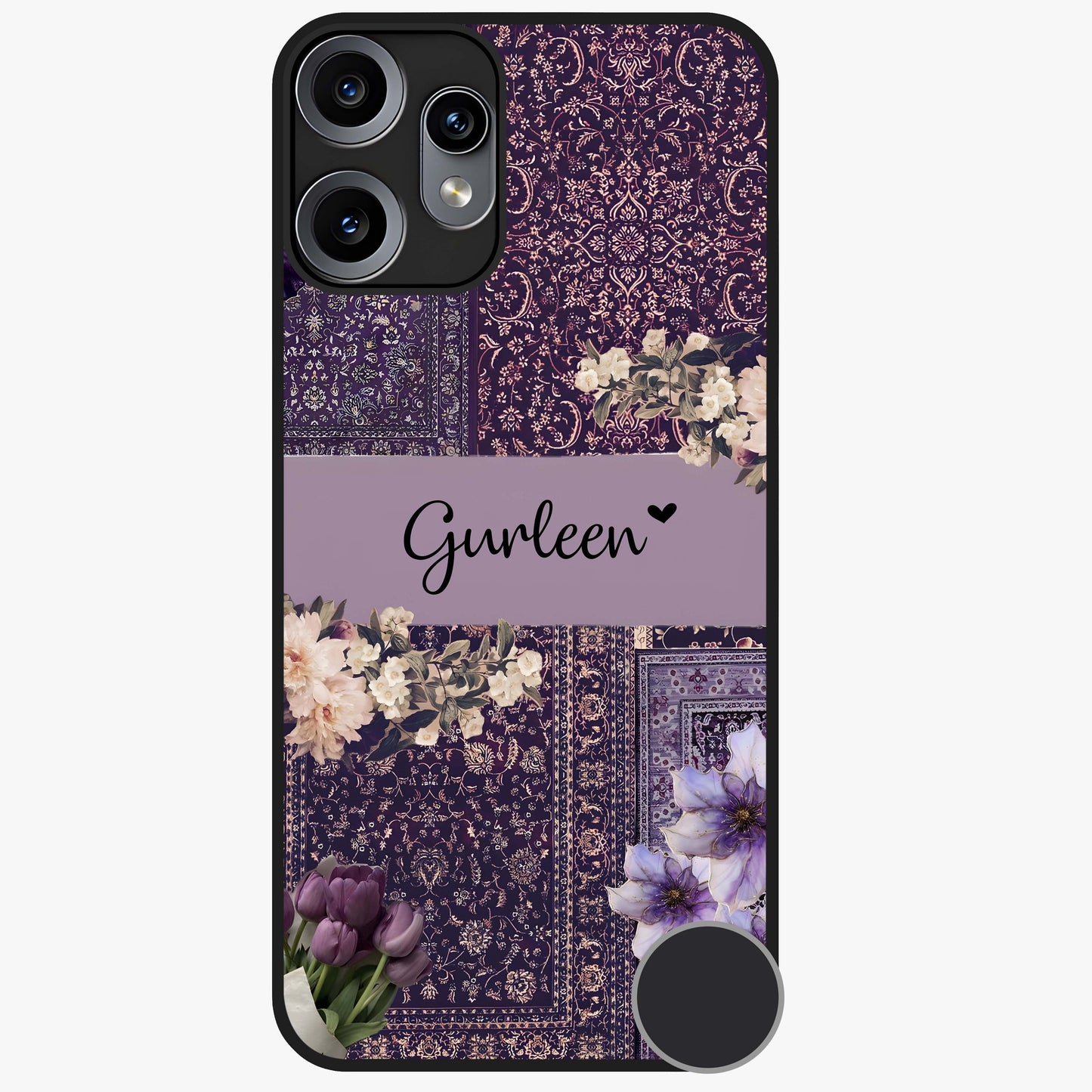 Antique Floral Whisper Custom Name Glass Case showing flat back view with vintage floral artwork and personalized name design.